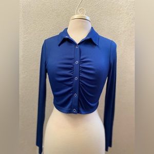Vibrant Navy Blue Long-sleeve, Stretchy. Snap Buttons, Crop Top. Ruched front